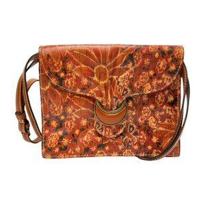 Patricia Nash Crossbody Magnetic Close Print Leather Purse Brown Tan Red